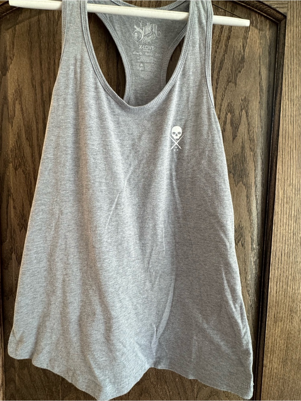 K. Love Women’s Gray Racerback Tank with White Skull Accent